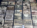 several old black and white photos of a train and buildings