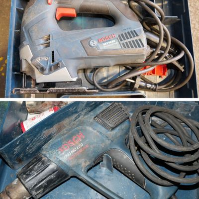 two different pictures of a corded drill and a corded drill