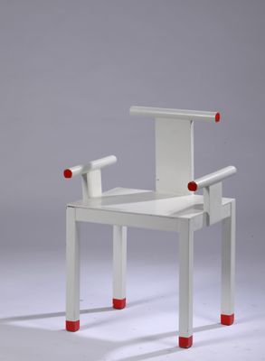 an image of a white chair with red legs on a grey background
