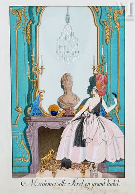 illustration représentant une femme en robe rose assise devant un miroir, avec un lustre en arrière-plan