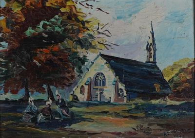 une peinture à l'huile représentant une église avec un clocher et des personnes assises sous un arbre