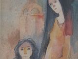 un tableau représentant une femme et un enfant devant un immeuble