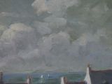 painting of sailboats on the water in front of a cloudy sky