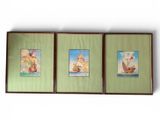 three framed pictures of a sailboat and a sailboat on a green background