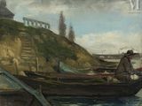 un tableau représentant un homme assis dans un bateau sur l'eau