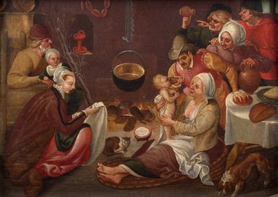 a painting of a group of people sitting around a table