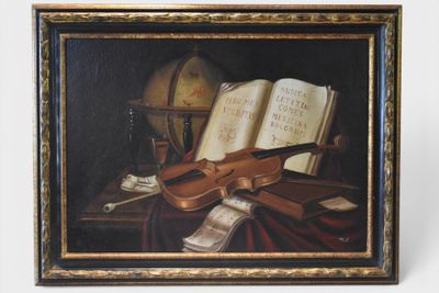 painting of a violin and a book on a table with a globe in the background