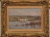 an image of a painting of a landscape with a river in the foreground