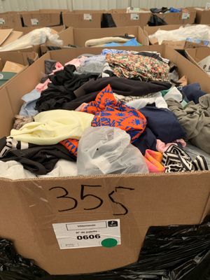 une boîte pleine de vêtements posée sur le sol