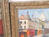 a painting of a street scene with a church in the background