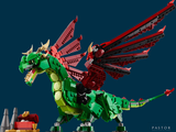 a green and red dragon that is standing next to a building