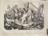 a drawing of a man standing on a boat with other people