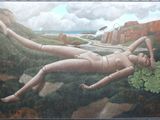 tableau représentant une femme nue allongée sur une colline, avec une route en arrière-plan