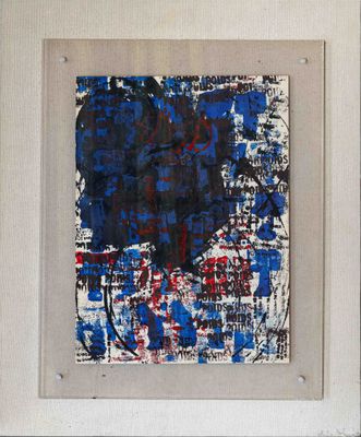 tableau représentant une œuvre abstraite bleue et rouge dans un cadre blanc
