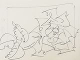 drawing of a group of people with umbrellas in a line