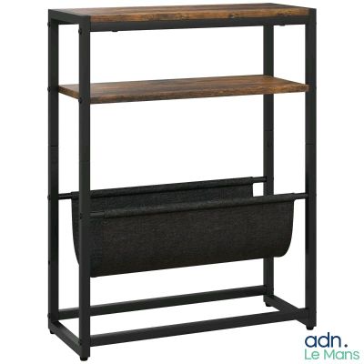 une étagère noire et en bois, surmontée d'un porte-revues