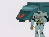 animation production cel of a robot holding a large piece of equipment