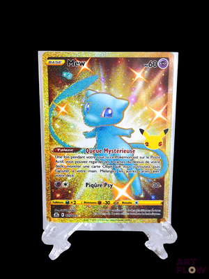 a close up of a pokemon card on a stand on a black background