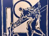 dessin en bleu et blanc représentant un homme tenant une batte de baseball