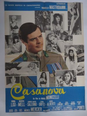 une vieille affiche de cinéma représentant un homme en uniforme, avec de nombreuses photos