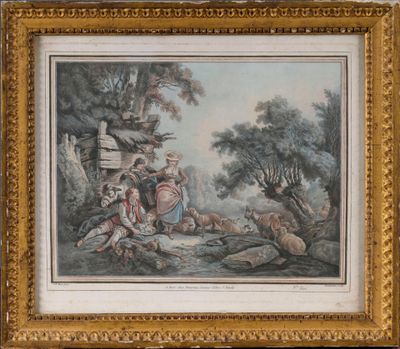 un vieux tableau représentant un groupe de personnes dans un décor boisé