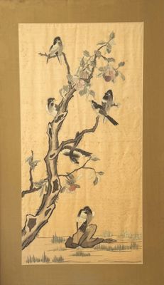 une photo d'un tableau représentant des oiseaux perchés sur un arbre