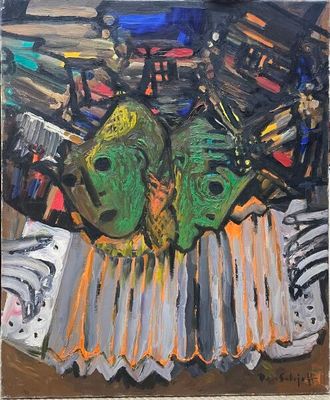 an oil painting of two green masks on a table with books