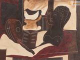 a painting of a man and a woman sitting on a bed