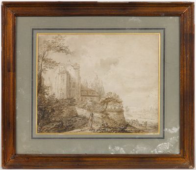 a drawing of a landscape with a castle in the distance