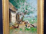 un tableau représentant des poulets devant une maison