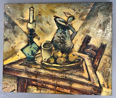 a painting of a still life with a pitcher and fruit on a table