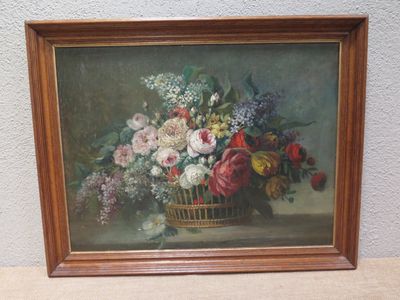 une peinture de fleurs dans un panier sur une table