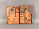 pair of japanese woodblock paintings of a woman in a bathtub and a man in a bathtub