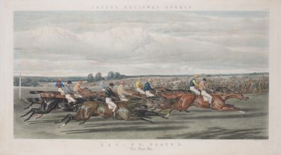 a painting of a horse race with jockeys and horses