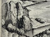 an old drawing of a landscape with a river and mountains in the background