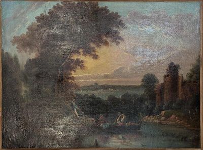 une peinture à l'huile représentant un paysage fluvial avec un château au loin