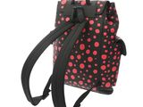 a red and black backpack with polka dots on it