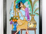un tableau représentant une femme assise à une table avec un chat