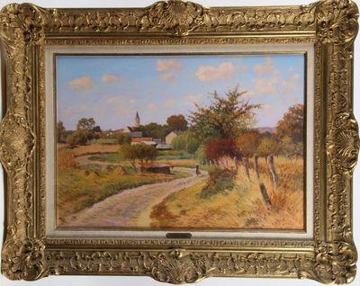 an image of a painting of a country road with a church in the distance