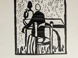 a black and white drawing of a man sitting at a table