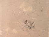 drawing of a woman laying on her stomach with a hat on