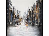une peinture à l'huile représentant une rue de la ville avec des voitures et des bâtiments