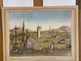 painting of a view of a lighthouse in a field with a lighthouse in the distance