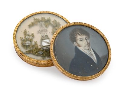 deux miniatures représentant un homme en costume et une femme en robe blanche