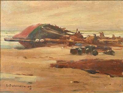 painting of a beach scene with boats and people on the sand