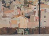 painting of a view of a town with a street light in the foreground