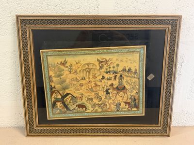 framed picture of a painting of a village scene with horses and people