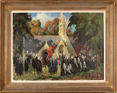 an oil painting of a group of people standing in front of a church