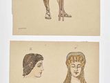 quatre dessins de couleurs différentes représentant un homme armé d'une épée et une femme portant un bouclier