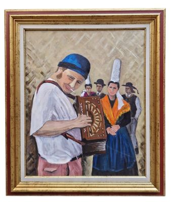 tableau représentant un homme tenant une plaque devant un groupe de personnes